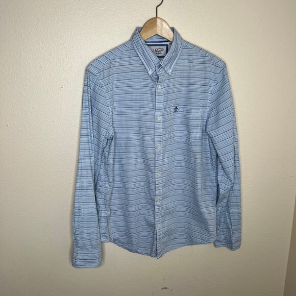 Original Penguin Light Blue Stripe Long Sleeve Woven Button Up Medium - Picture 1 of 9